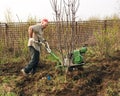 Working man with motor cultivator