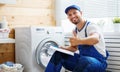 Working man plumber repairs washing machine in laundry Royalty Free Stock Photo