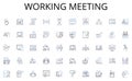 Working meeting line icons collection. rhetoric, eloquence, persuasion, speechmaking, declamation, address, discourse