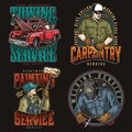 Working men and tow truck labels set