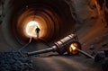 A working miner walks in a coal mine tunnel, a broken drill for drilling a tunnel Royalty Free Stock Photo