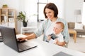 Working mother with baby boy and laptop at home Royalty Free Stock Photo