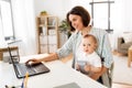 Working mother with baby boy and laptop at home Royalty Free Stock Photo