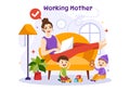 Working Mother Vector Illustration with Mothers who does Work and Takes Care of her Kids at the Home in Multitasking Cartoon Royalty Free Stock Photo