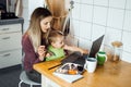 Working mother work remotely. Remote Work from home. Young mother with toddler baby girl working at home using laptop on