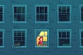 Working at night. Busy workaholic works home at nights when neighbors asleep, lonely man in window frame cartoon vector