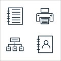 working in the office line icons. linear set. quality vector line set such as contacts book, organization, printer