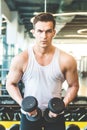 Working out with dumbbell weights at the gym.Fitness men exercising are lifting dumbbells. Fitness muscular body Royalty Free Stock Photo