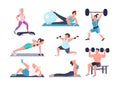 Working out people flat color vector faceless characters set Royalty Free Stock Photo