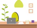 Working place, grey laptop at brown desk, green chair, chandelier, pot, violet cup, vector