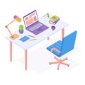 Working place isometric - office chair standing near table with laptop, desktop lamp and stationery. Royalty Free Stock Photo