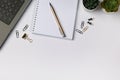 Working place with laptop, notebook, pen, paper clips and plants in a pot