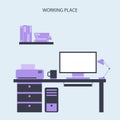 Working Place Modern Office Interior Flat Design Vector Illustration. Royalty Free Stock Photo