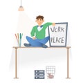 Working place in the office. A young man in casual clothes sittting on the desktop. Vector illustration, isolated on Royalty Free Stock Photo