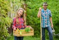 Working with plants is great pleasure. ecology. Gardening tools. little girl and happy man dad. earth day. family farm Royalty Free Stock Photo