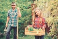 Working with plants is great pleasure. ecology. Gardening tools. little girl and happy man dad. earth day. family farm Royalty Free Stock Photo