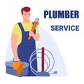 A working plumber with an adjustable wrench and a box of tools. Plumbing service. Vector illustration in flat cartoon style. Royalty Free Stock Photo