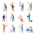 Working Plumbers Flat Color Icons Set