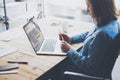 Working process modern office. Account manager working wood table with new business startup. Using laptop. Horizontal Royalty Free Stock Photo