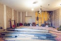 Working process of renovate room with installing drywall or gypsum plasterboard and construction materials are in Royalty Free Stock Photo