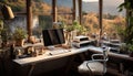 Working professionals in modern office, surrounded by technology and nature generated by AI