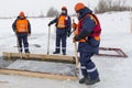 Sailors work at the lane with a fenced wooden formwork Royalty Free Stock Photo