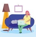 Working remotely, young woman and cat with laptop on sofa, room with lamp