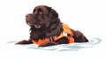 Working rescue dog of the Newfoundland breed. Lifesaving canine animal, trained as a rescue dog for water accidents