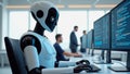 Working robot assists at modern desk in tech office Royalty Free Stock Photo