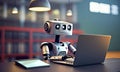 Working robot on the Internet.Training of robots and artificial intelligence. robot sits at a table with laptops in a