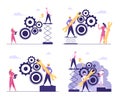 Working Routine and Teamwork Concept. Business Characters in Hardhats Moving Huge Gear Mechanism
