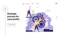 Working Routine and Teamwork Website Landing Page. Business Characters in Hardhats Moving Huge Gear Mechanism