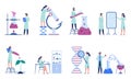 Working scientists. Professional lab research, chemistry laboratory workers and science researchers flat vector illustration set Royalty Free Stock Photo