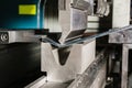 working with sheet metal on CNC hydraulic press brake. Bending sheet metal Royalty Free Stock Photo