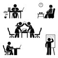 Working, sitting, talking, meeting, training, discussing vector pictogram.