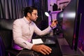 Working smart IT developer pointing data software development on pc. Surmise.