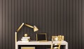 Working space, luxury golden objects on working desk with black aluminum wall, 3d rendered