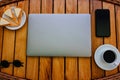 A working space on a natural wooden table, with a minimalist set Royalty Free Stock Photo