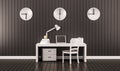 Working space, table, chair, laptop, cabinet books and golden apple with clocks on wall, 3d rendered