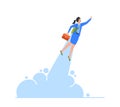 Working Success, Startup. Happy Business Woman or Manager Fly on Jetpack to Goal Achievement. Character with Rocket
