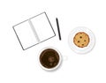 Working table with coffee, chocolate chip cookie dessert and note book. Writing memories in diary. Vector illustration isolated Royalty Free Stock Photo