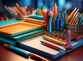 Close-up of Office Supplies- pen, book note, stationary on working table. AI image generated.