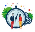 Working time. Two people, clock and gears. Royalty Free Stock Photo