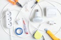 Working tools, light bulb and components. Electrical objects Royalty Free Stock Photo