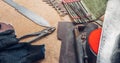 Working tools on wooden rustic background. top view. Knife making concept