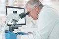 Working towards the precise cure. a mature scientist using a microscope in a lab. Royalty Free Stock Photo