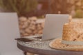 Working on vacation backyard terrace workspace Royalty Free Stock Photo