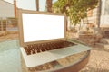 Working on vacation, laptop mock up screen on apartment balcony in summer morning