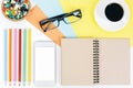 Working white desk top with items Royalty Free Stock Photo