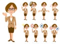 Working women with eyeglasses 9 gestures and expressions